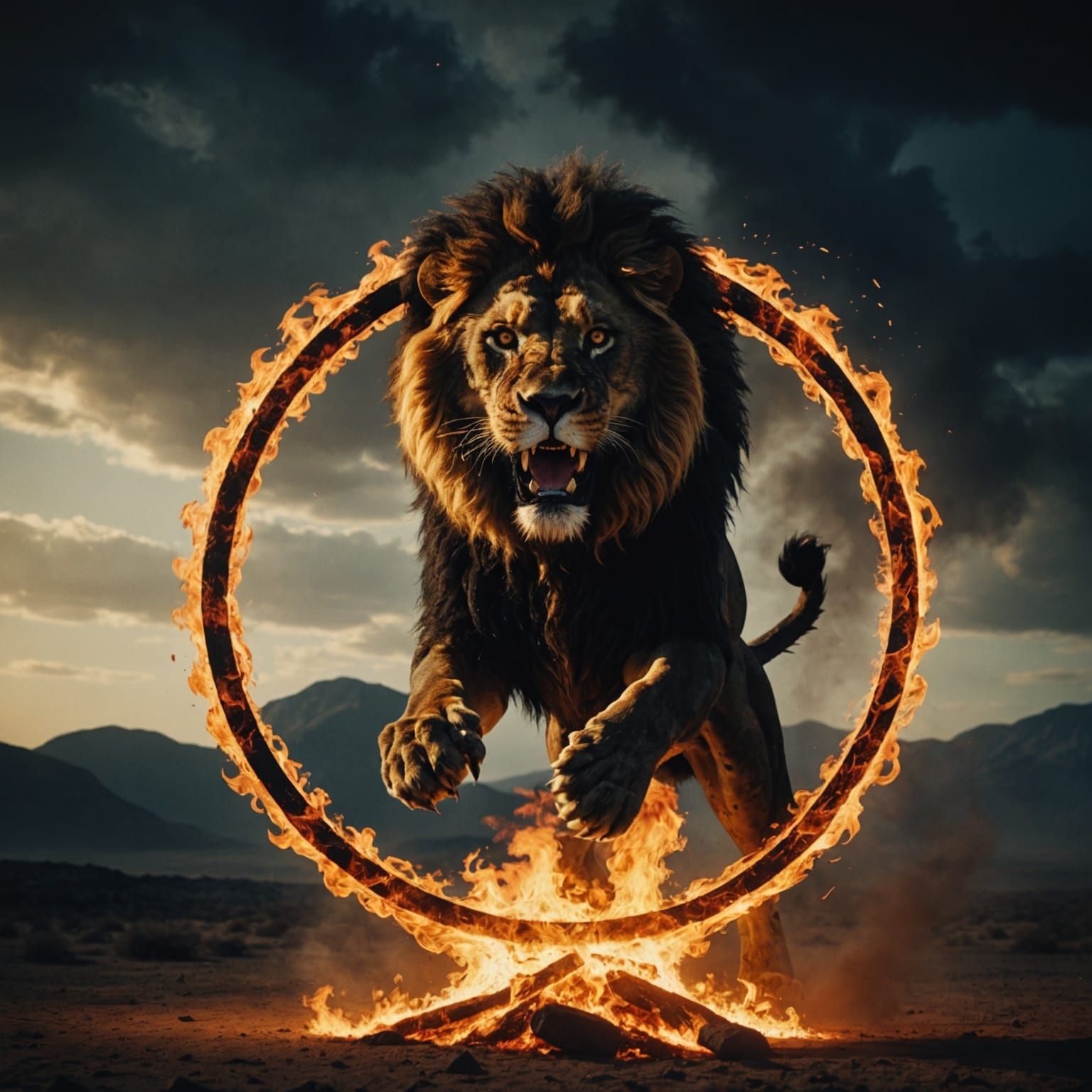 Black Lion Jumps Through Fire Ring: Cinematic Still