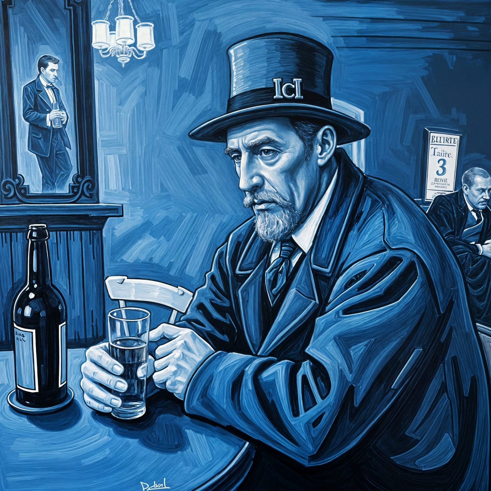 Blue Monochrome Man at Bar in Picasso Style