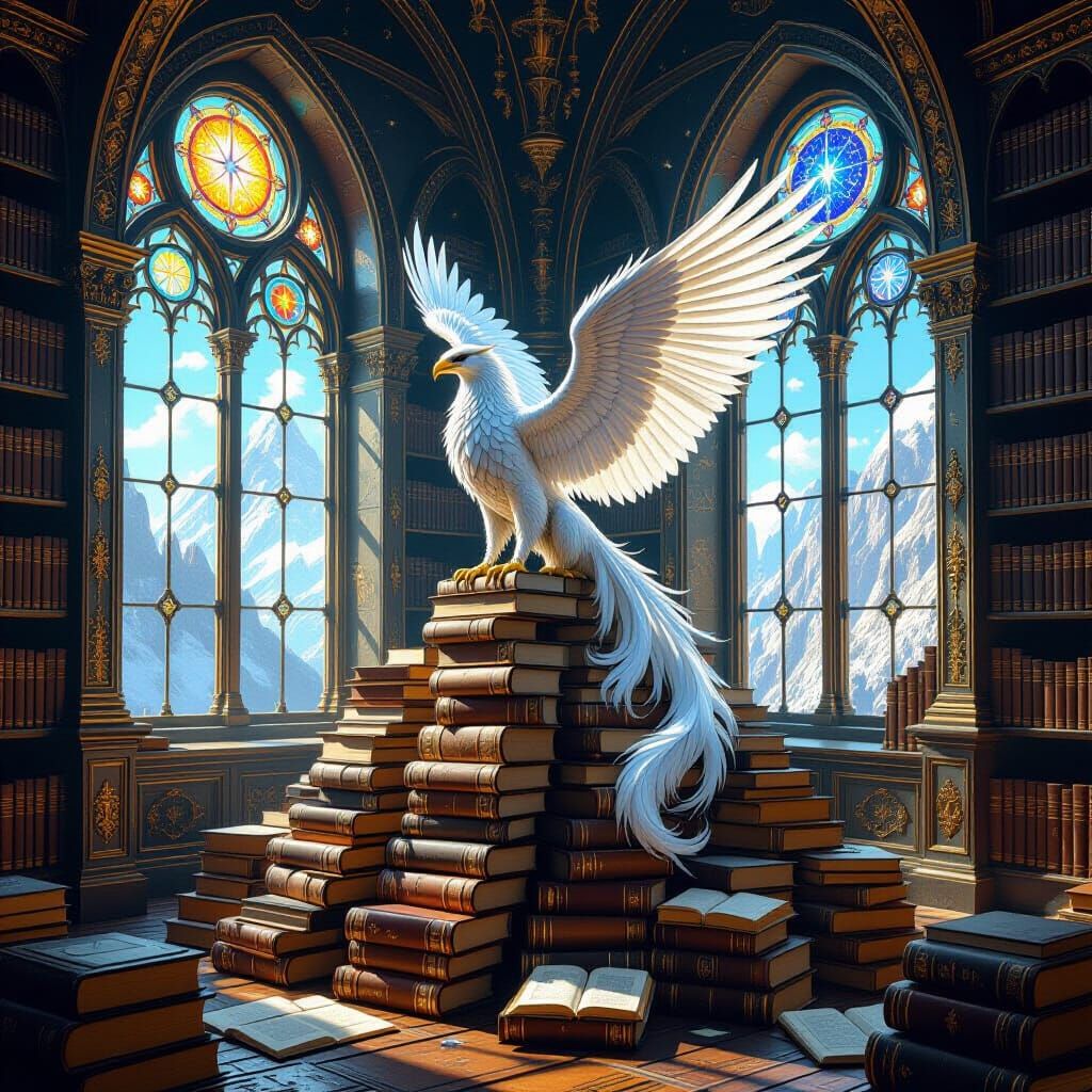 Celestial Griffin in Hidden Library, Fantasy Art