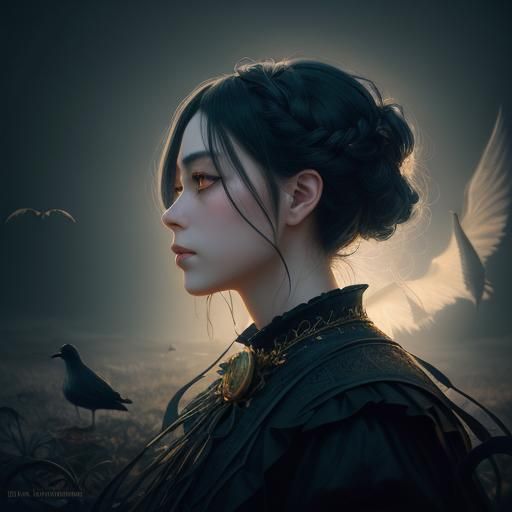 Eerie Anime Girl Portrait with Lantern in Surreal Style