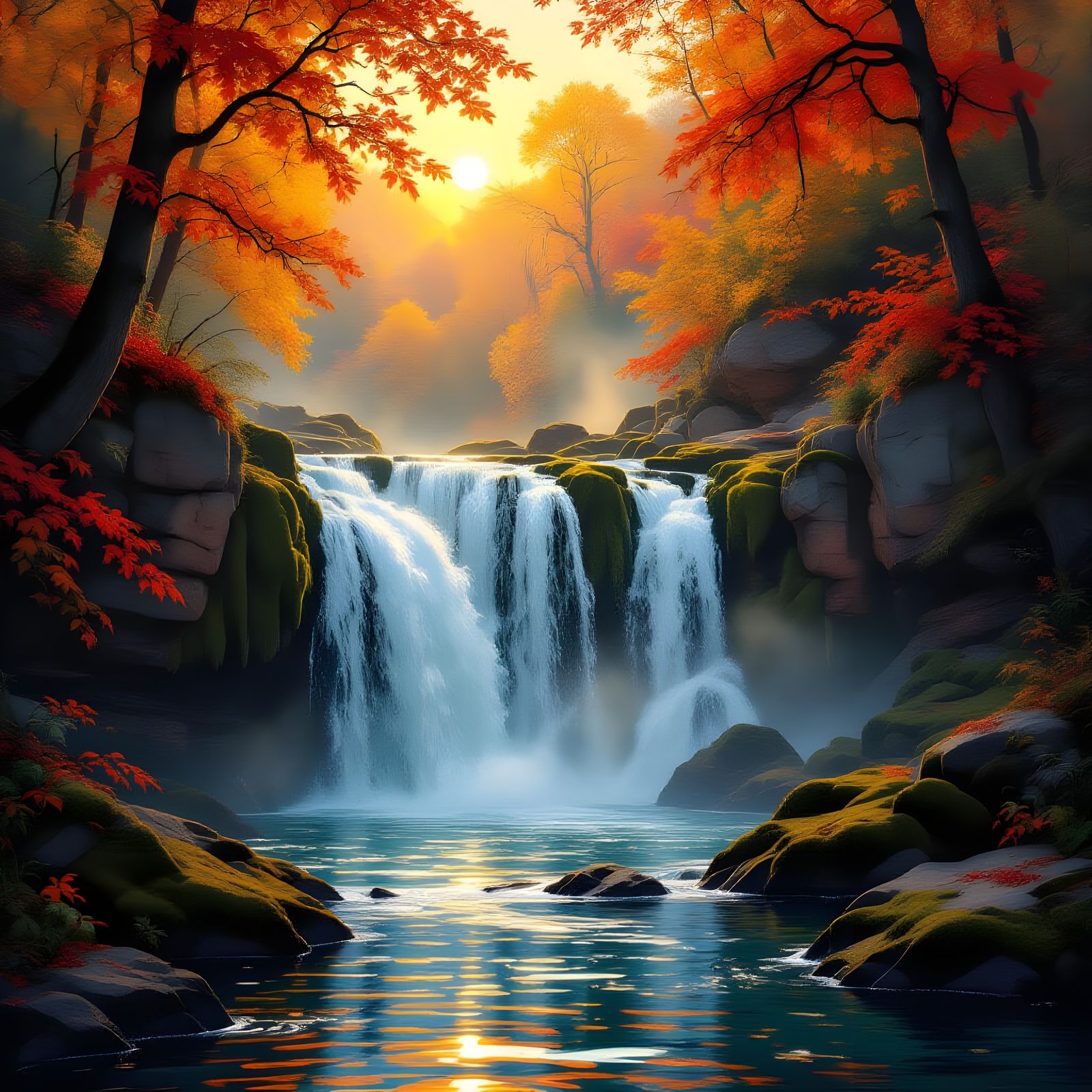 Majestic Autumn Waterfall in Golden Hour Light