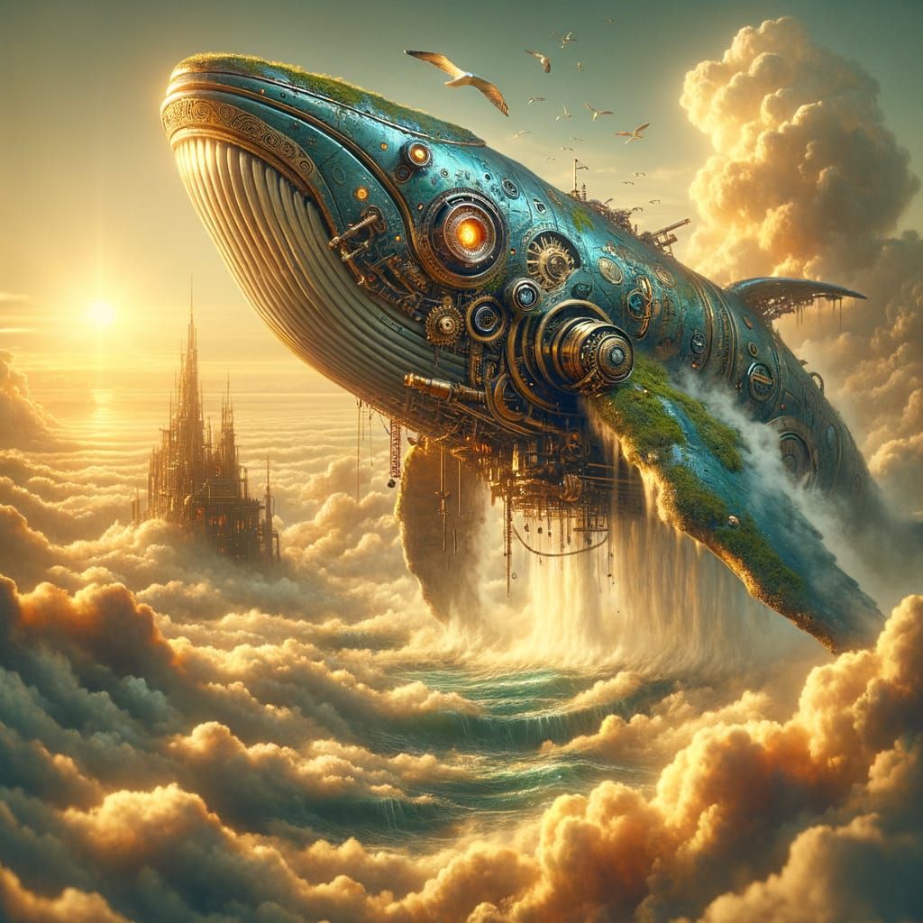Steampunk Mechanical Whale Breaching in Cloud Sea