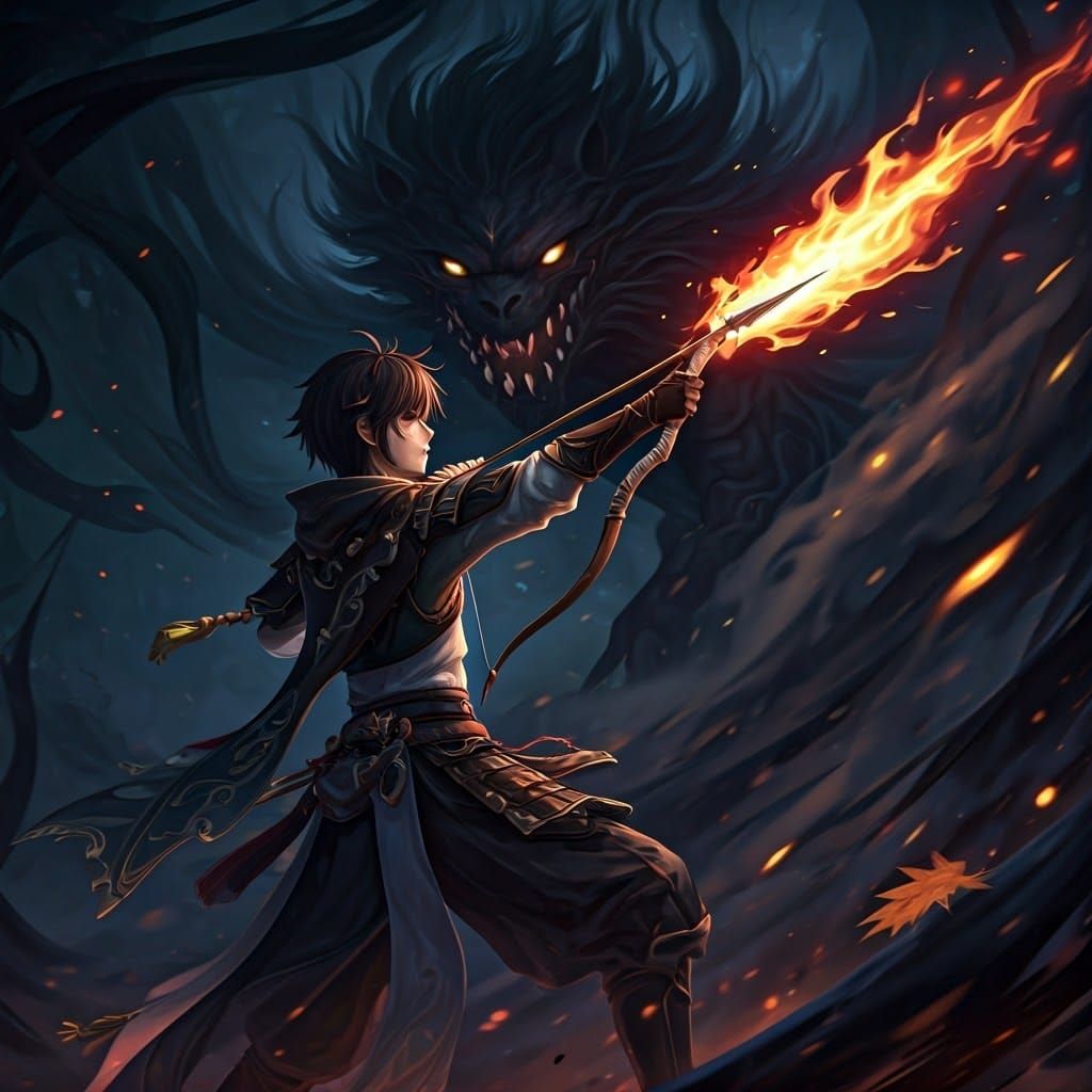 Warrior's Flaming Arrow Misses in Anime Style