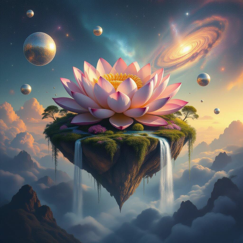 Lotus Island in Space: A Surreal Landscape