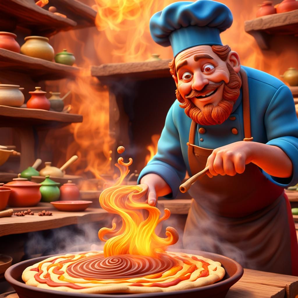 Vibrant Clay Pot Kitchen Scene in Pixar Animation Style