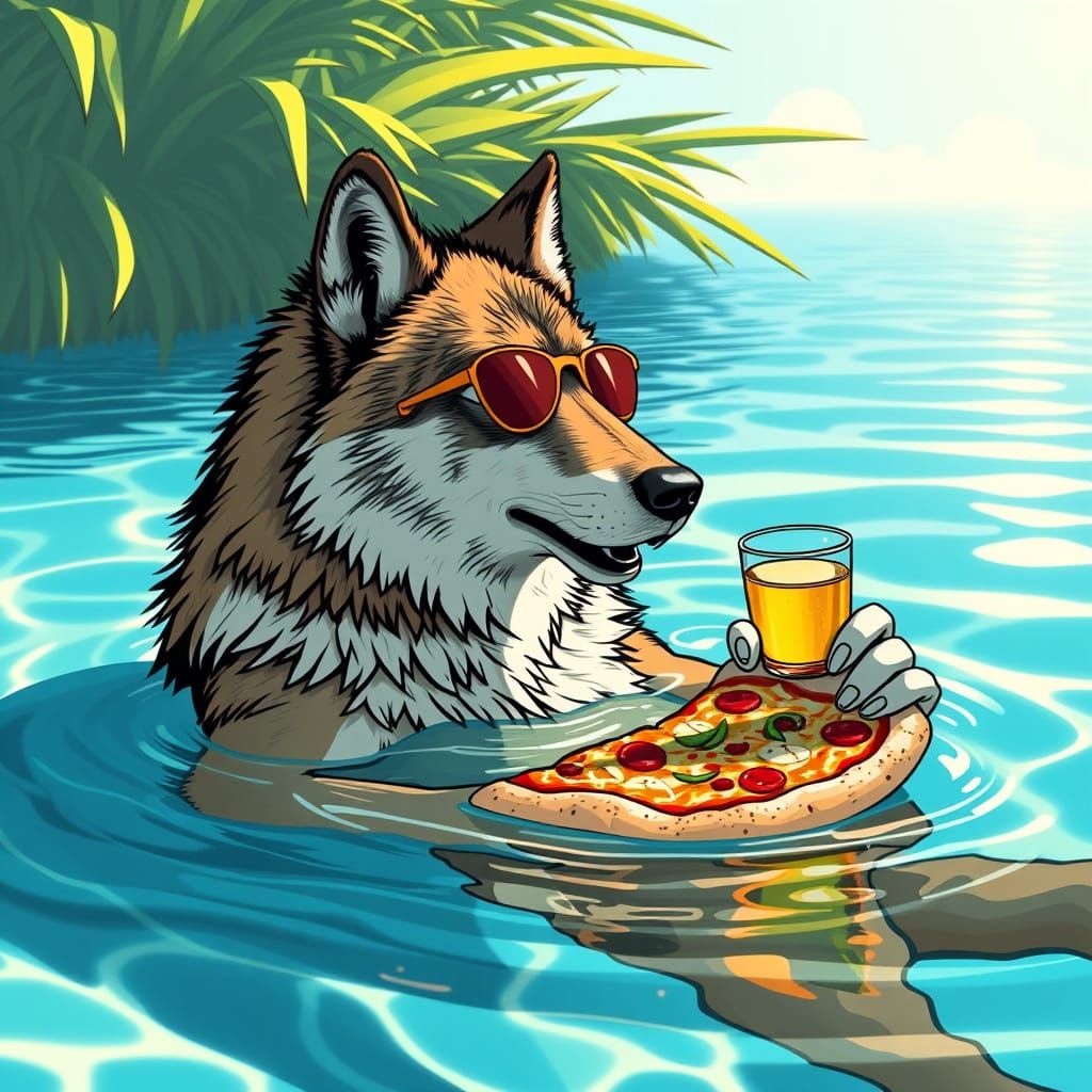 Wolf Soaks Up Sun by Pizza Pool