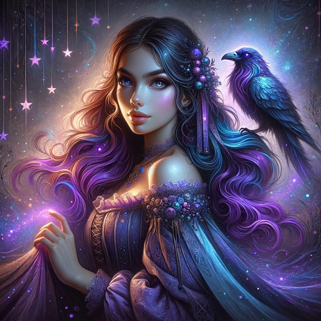 Renaissance Woman with Raven in Starlight