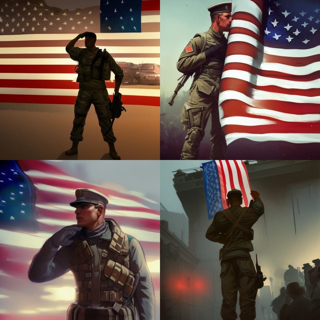 Soldier Saluting American Flag in Digital Art Style