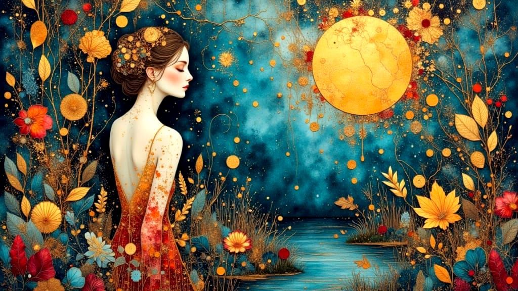 Ornate Garden Landscape with Pond in Oil Painting Style