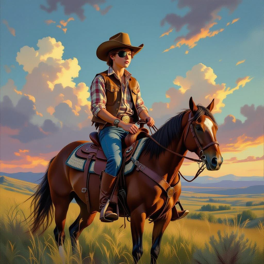 Cowboy Rider on Horseback in Lush Grasslands