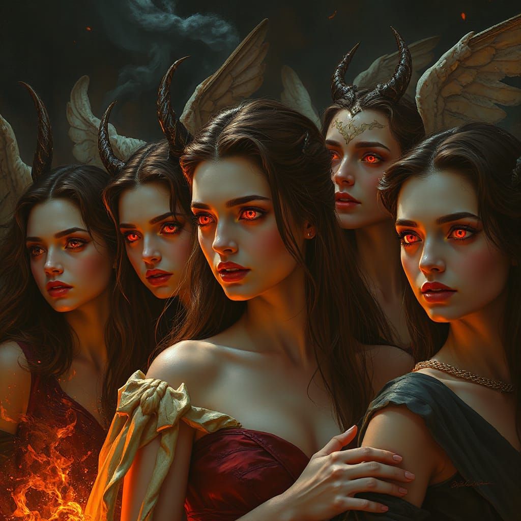 Demonic Angels with Red Eyes and Pink Lips in Dark Fantasy S...