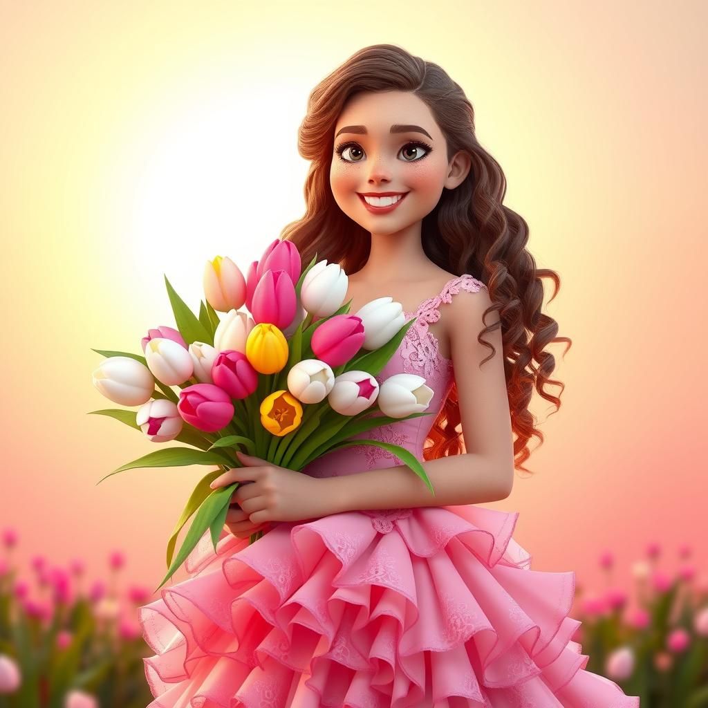 Radiant Redhead in Pink Dress Holding Tulips