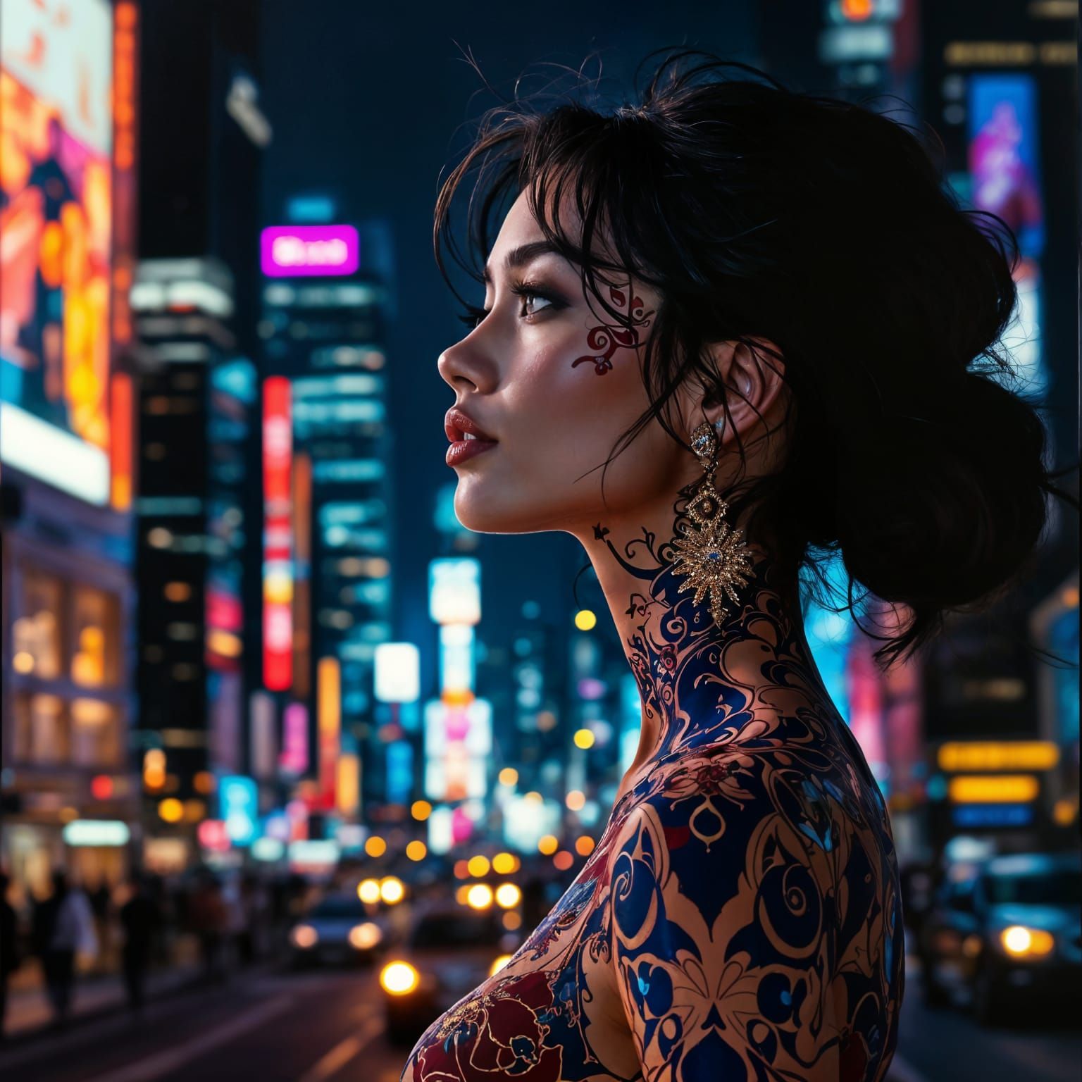 Young Woman in Cityscape with Vibrant Oil-Painted Designs