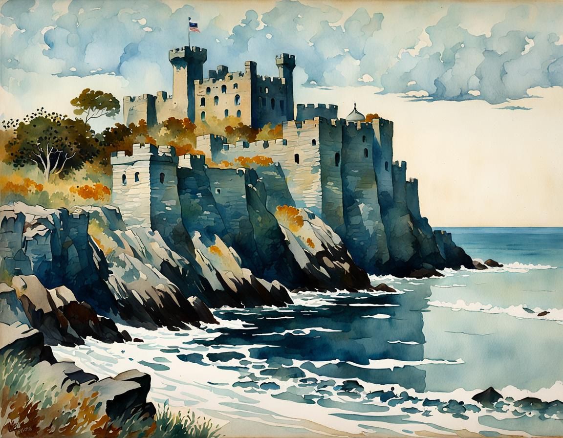 Coastal Fortress: A Watercolor Painting in Vintage Style