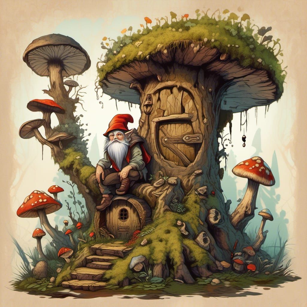 Fantasy Forest Stump with Gnome in Graffiti Art