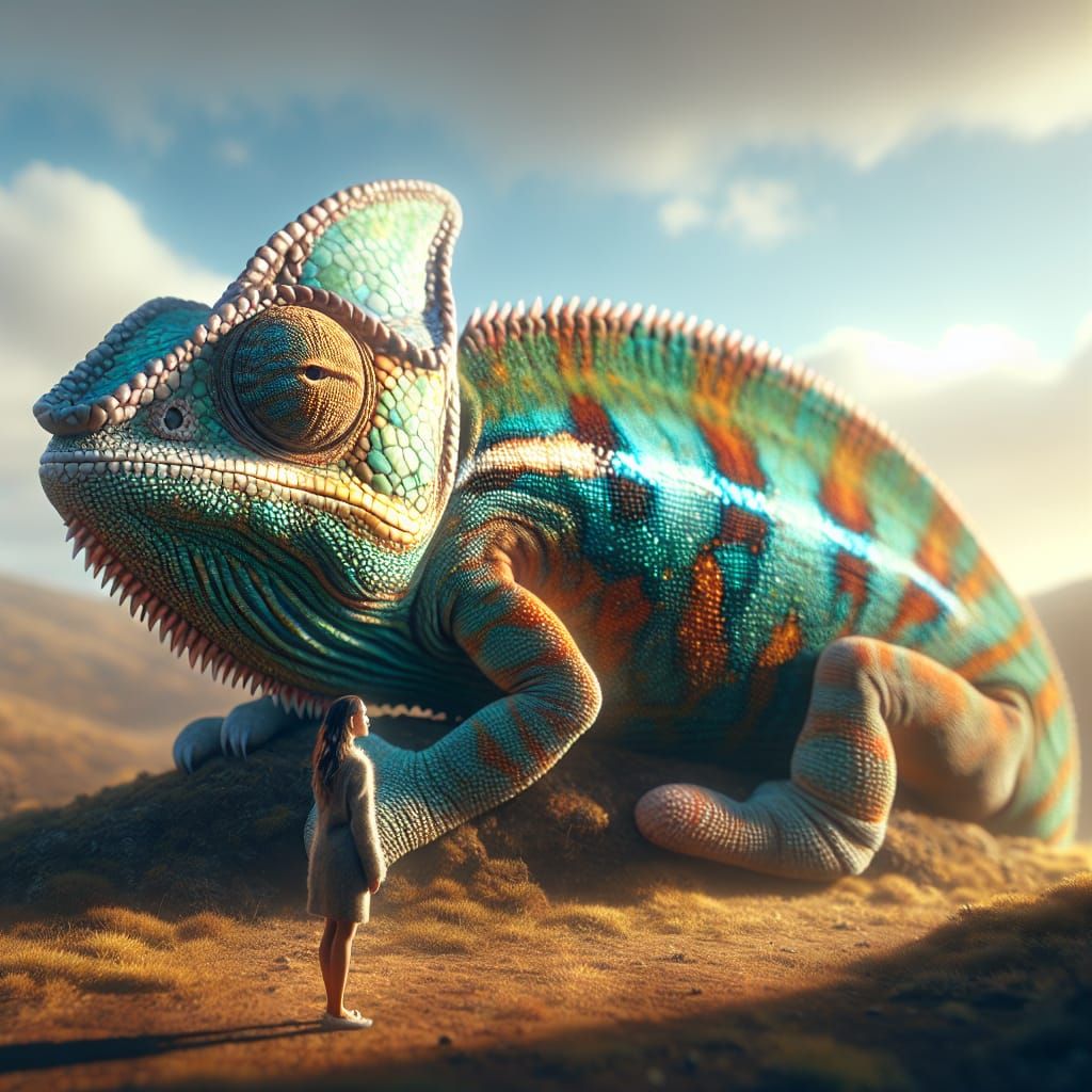 Giant Chameleon in Natural Habitat with Human Figure