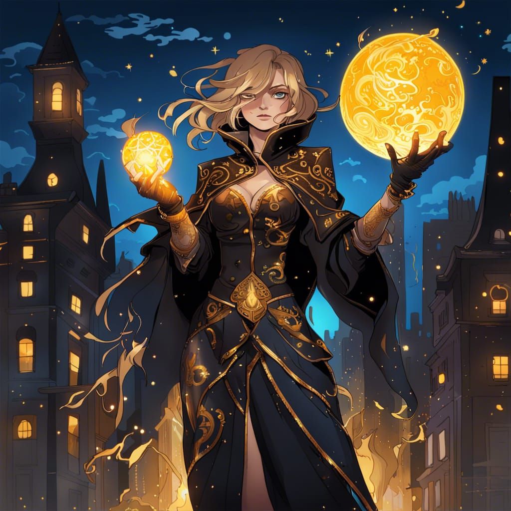 Anime Wizard Girl with Fire Orbs