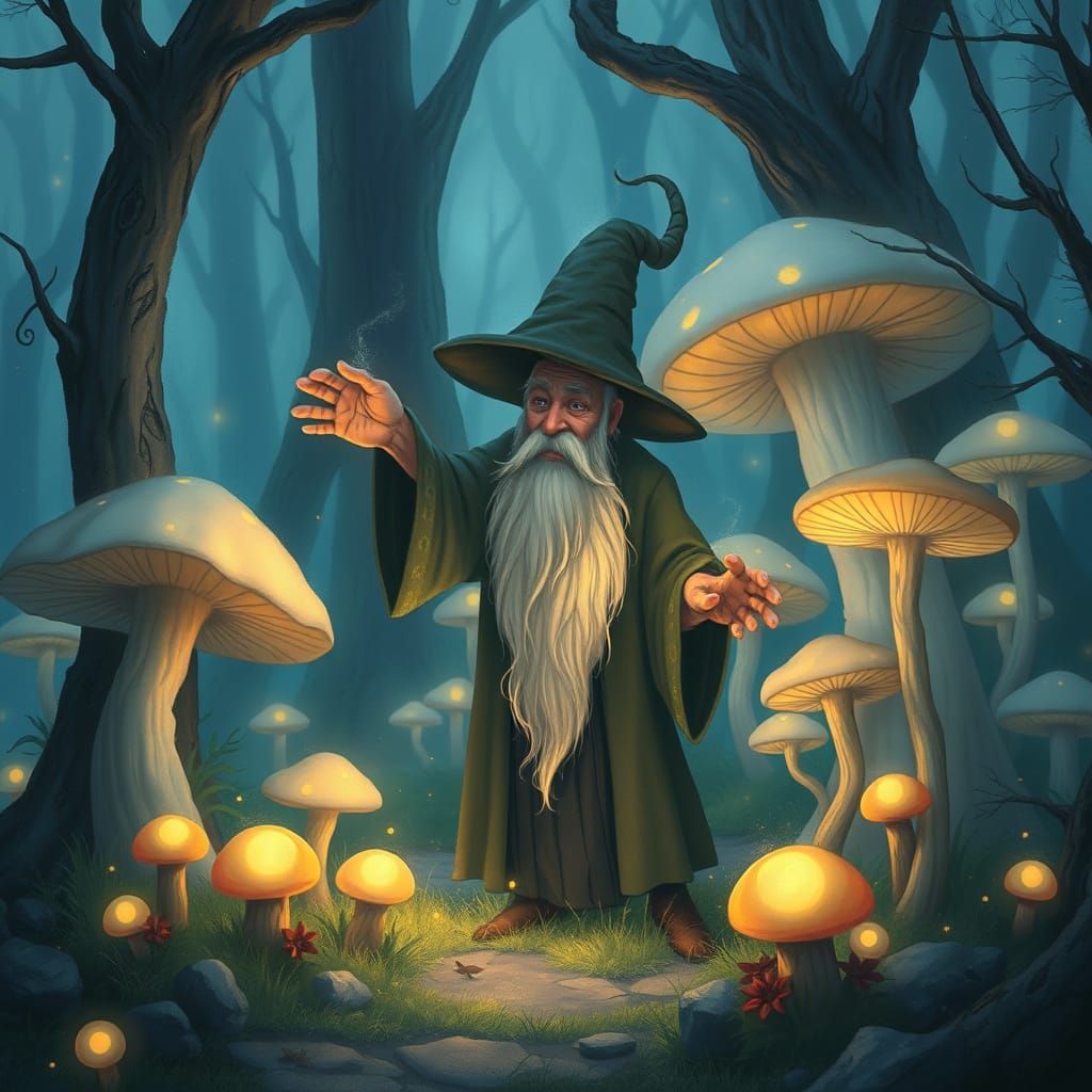 Enchanting Wizard in Glowing Mushroom Grove, Ghibli Style
