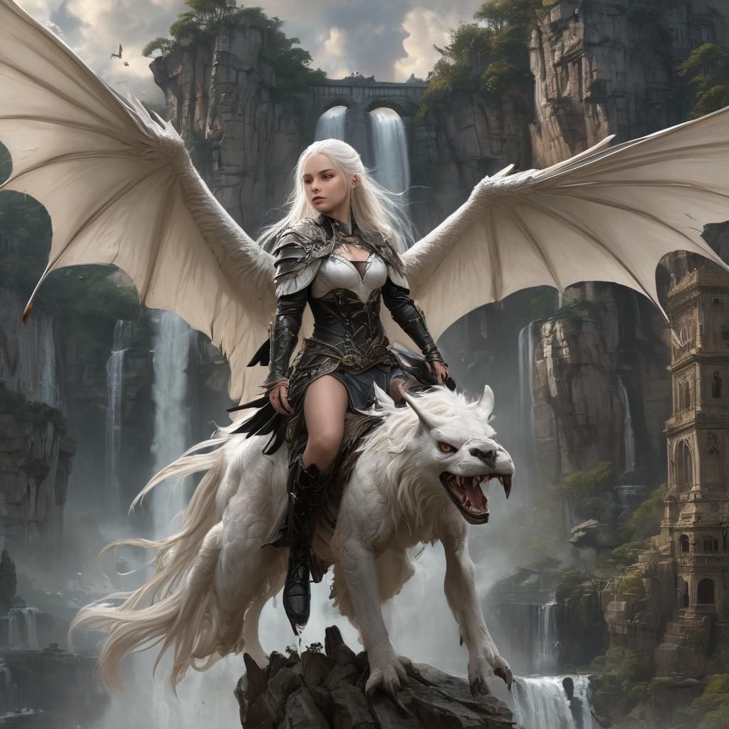a young girl, white long straight hair, astride a giant griffin hybrid