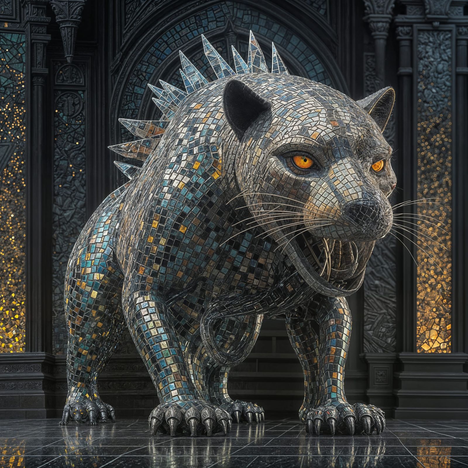 Majestic Mosaic Beast Emerges from Ancient Temple