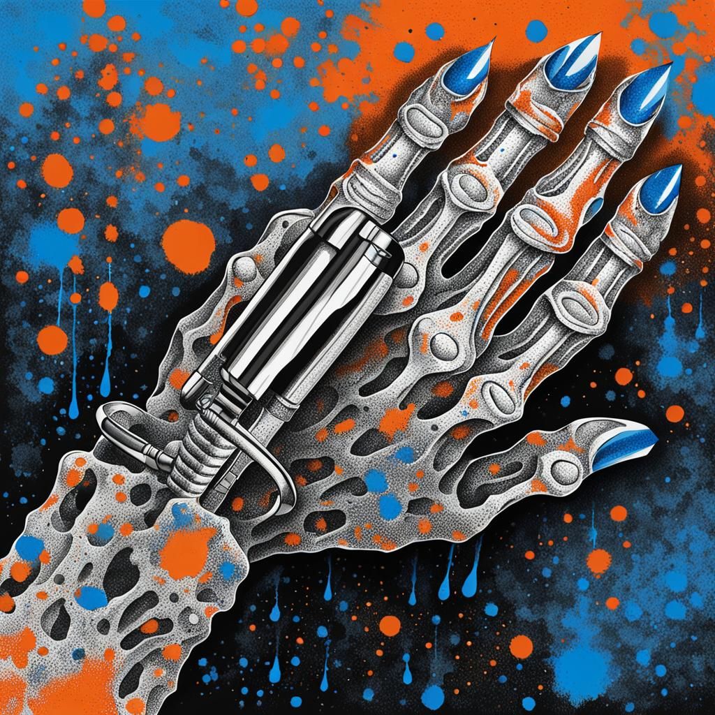 Skeleton Hand with Pen in Pointillism Style