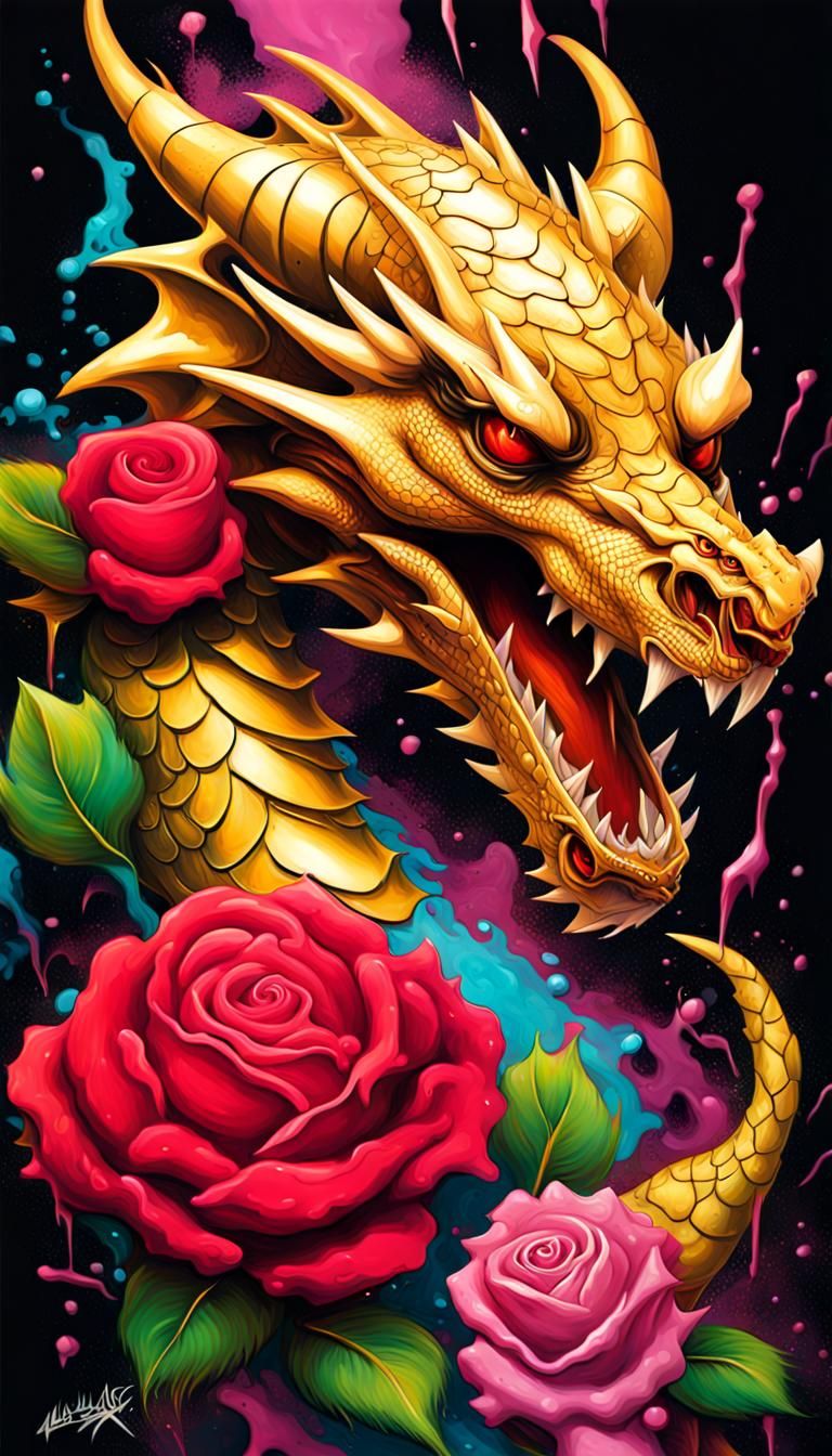 Polychromatic Dragon Battle in Graffiti Street Art