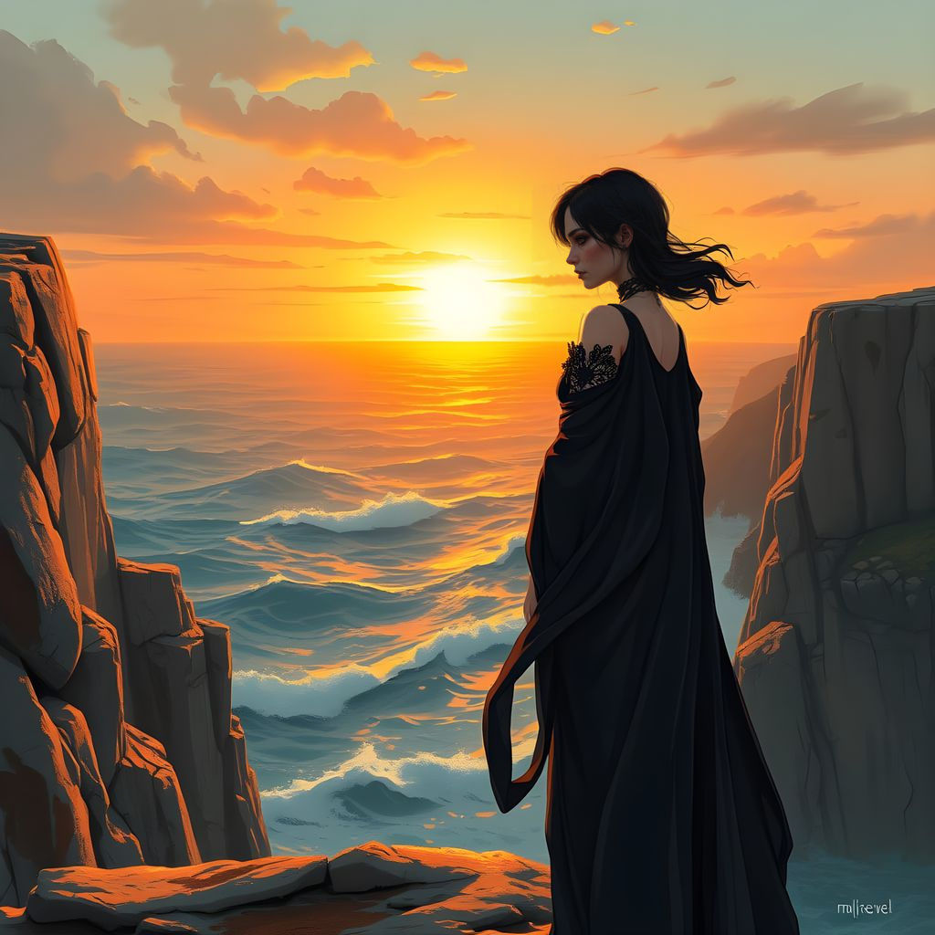 Ethereal Goth Portrait in Serene Sunset Landscape