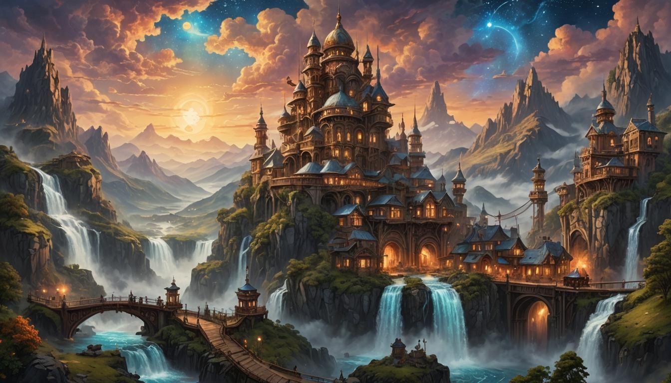 Steampunk City in Misty Mountain Landscape