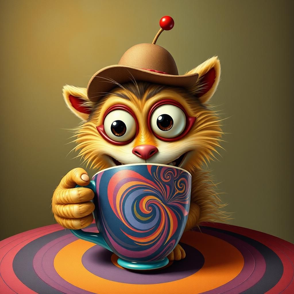 Whimsical Furry Creature Sipping from Optical Illusion Cup