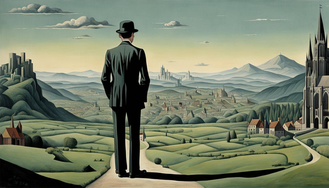 Jacques Brel in Surreal Landscape with Cathedral Mountains