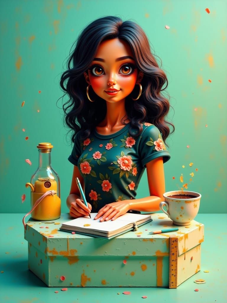 Chibi Woman Writing, Vibrant 3D Digital Art