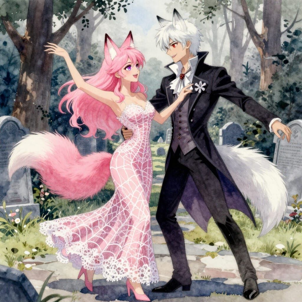 Couple Dancing in Cemetery Watercolor Style