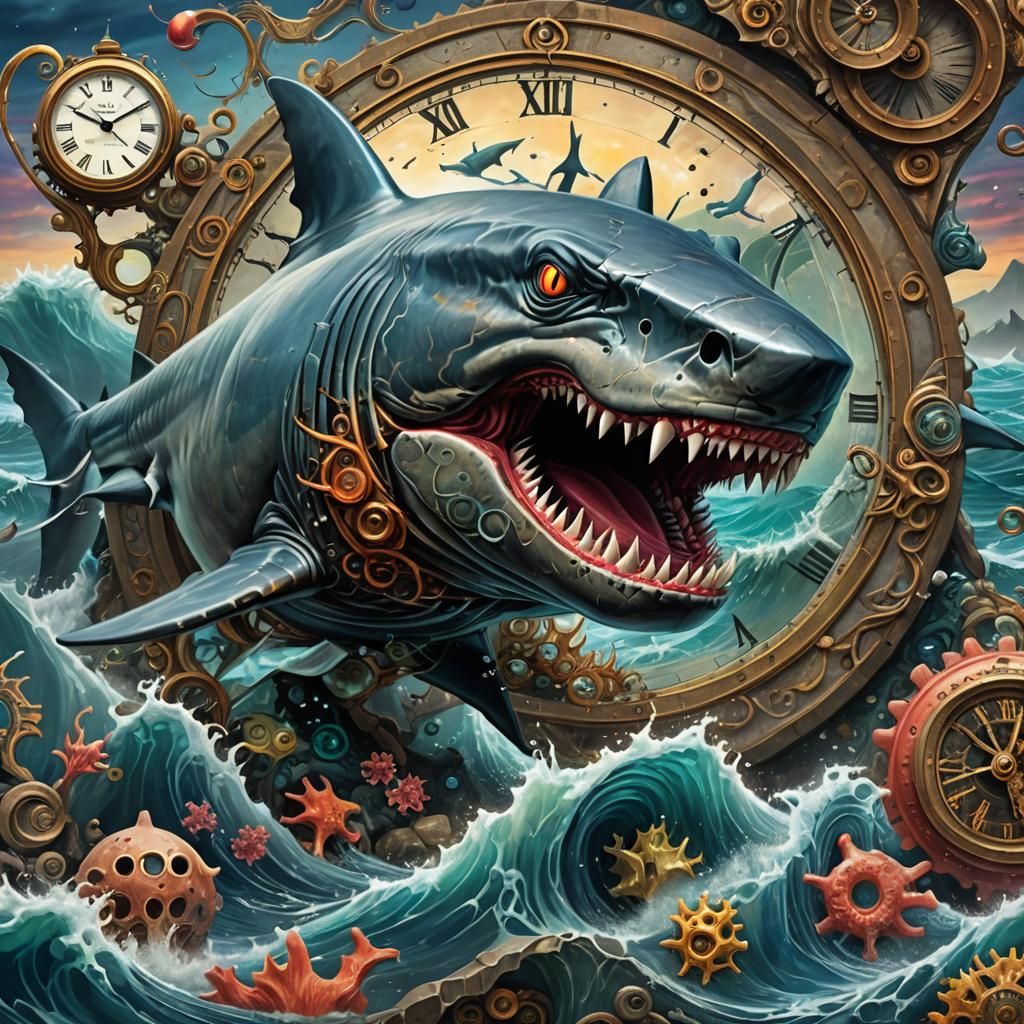 Colossal Wereshark Breaching Ocean of Time in Surreal Digita...