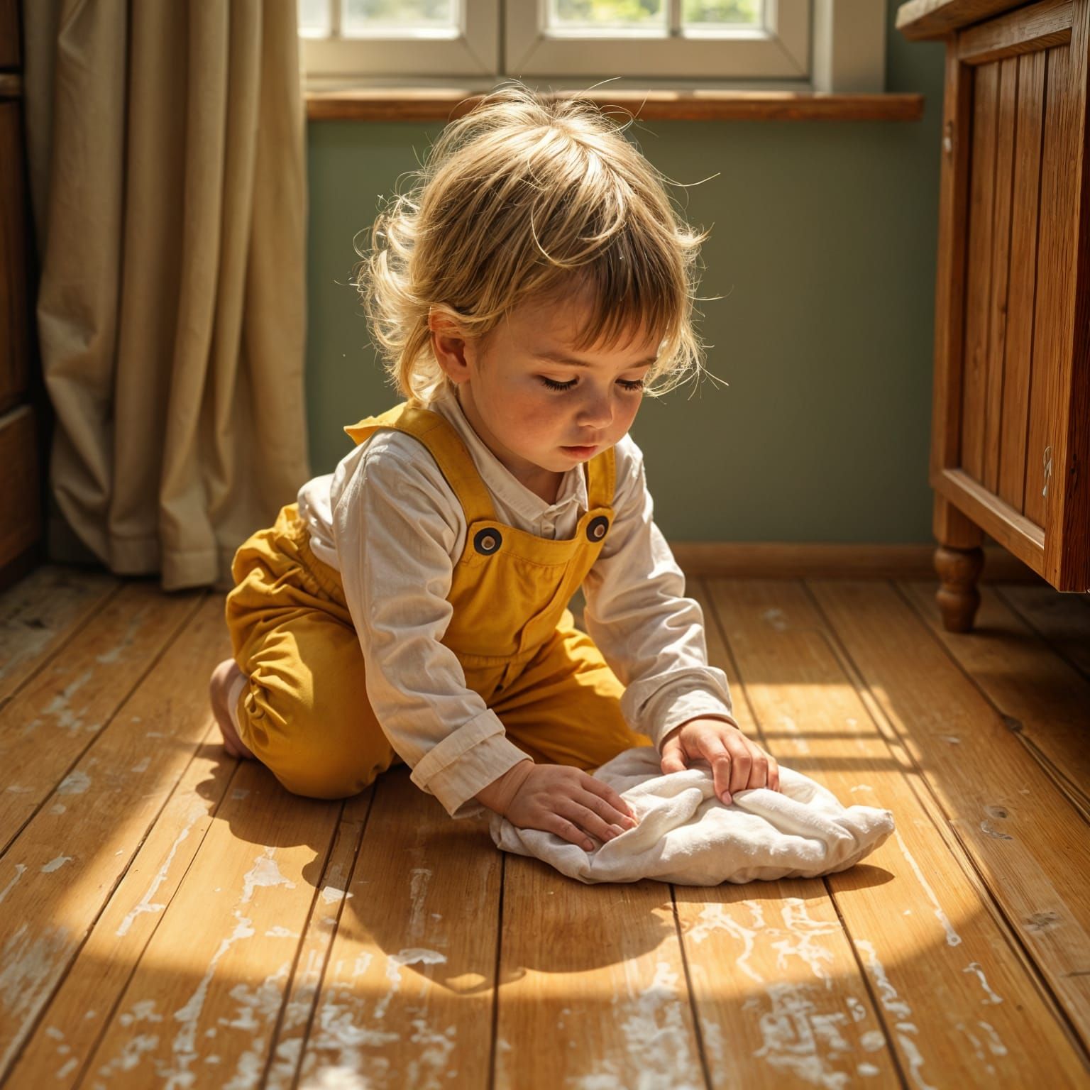 Toddler Cleaning Up Accidental Mess on Wooden Floor
