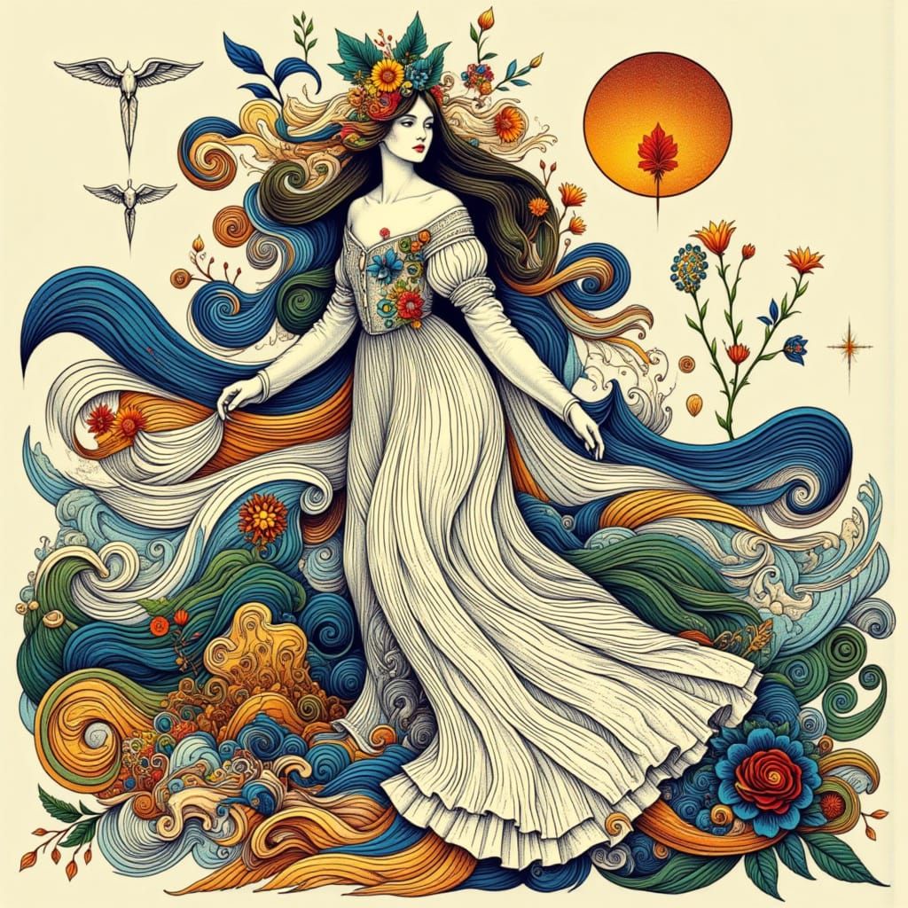 Baroque Lady in Stylized Sea Waves