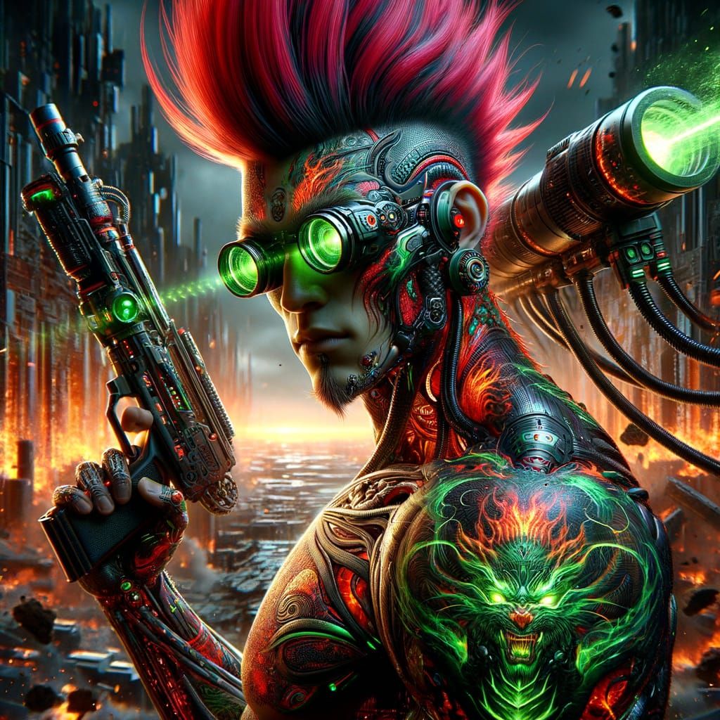 Cybernetic Warrior in Ruined Metropolis