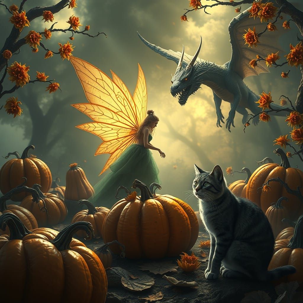 Enchanting Fairy, Dragon, Cat, and Pumpkins in a Dramatic Sc...