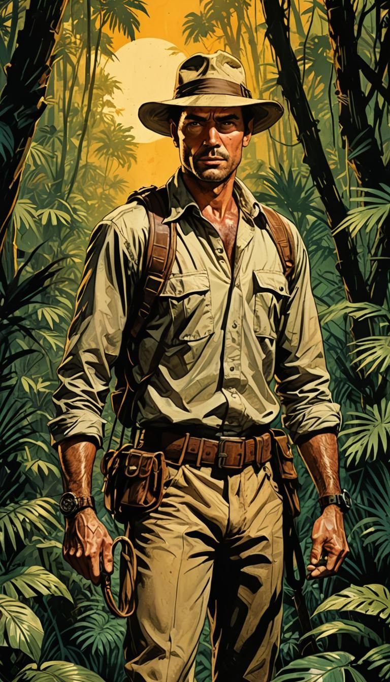 Pulp Illustration of Jungle Adventurer with Whip