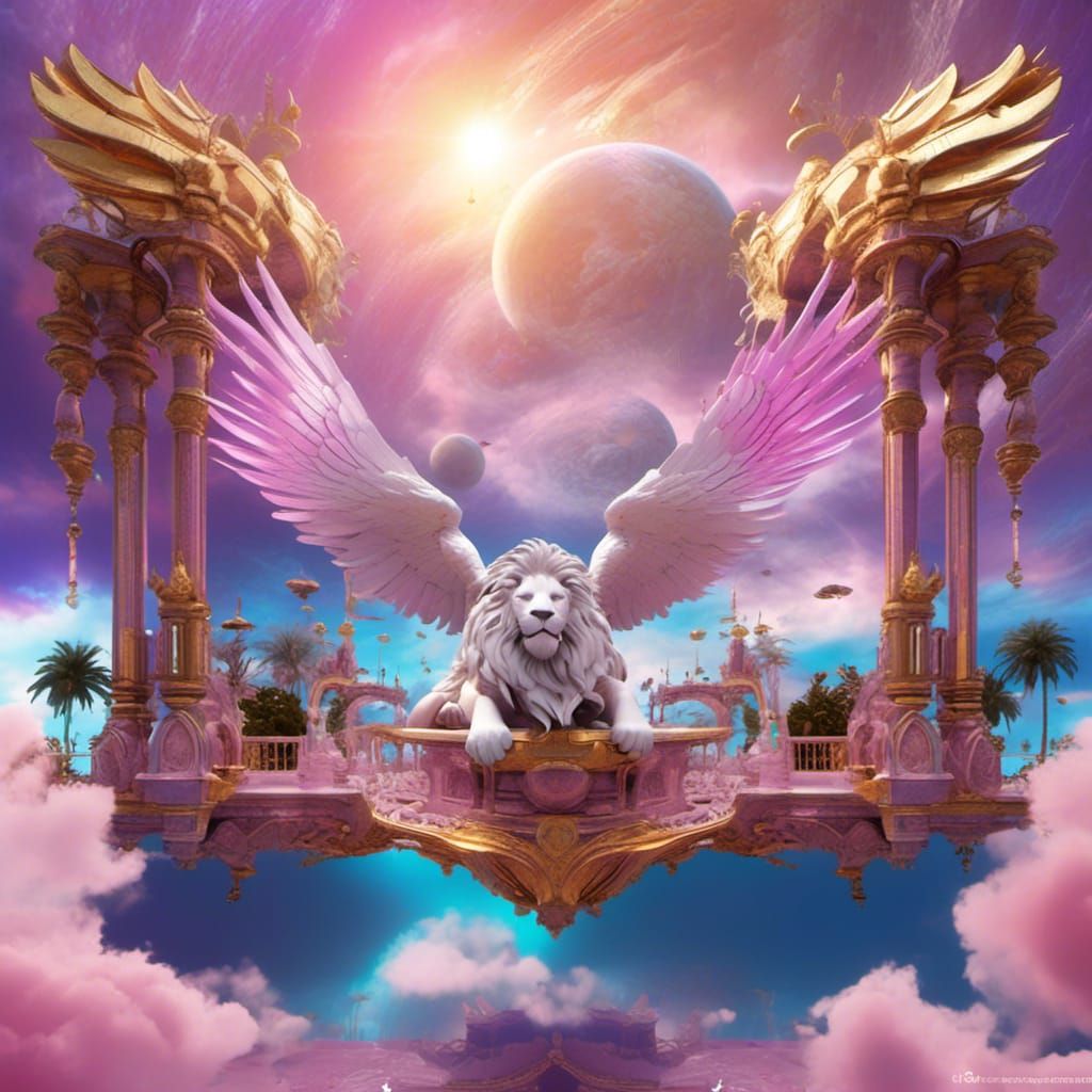 Winged Lion Flies Above Tropical Planet