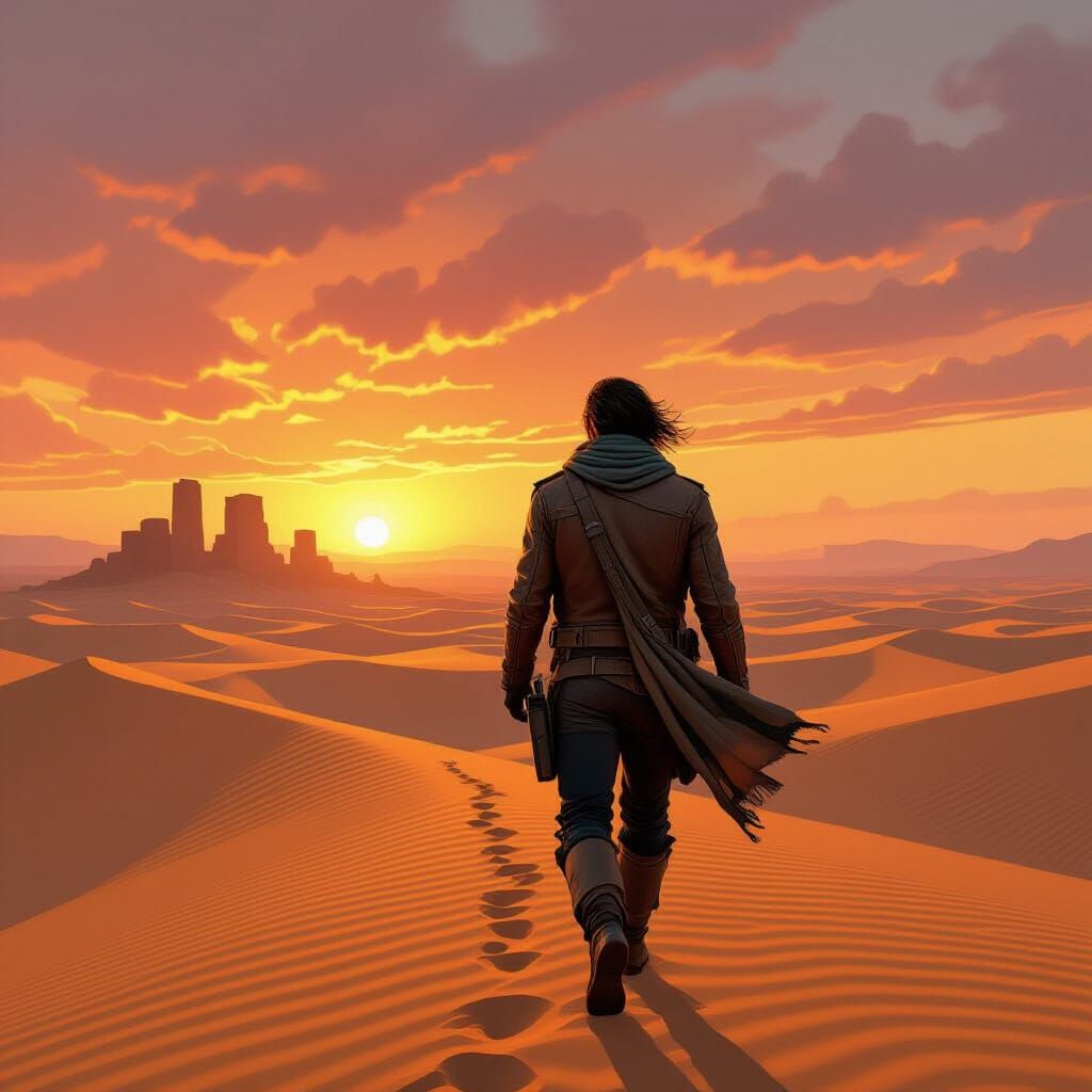 Desert Explorer at Sunset: Painterly Adventure Art