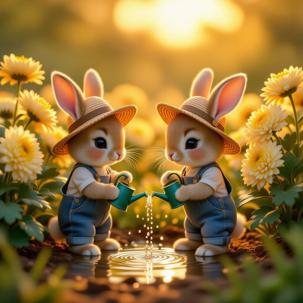 Whimsical Rabbits Tend Giant Chrysanthemums at Sunset
