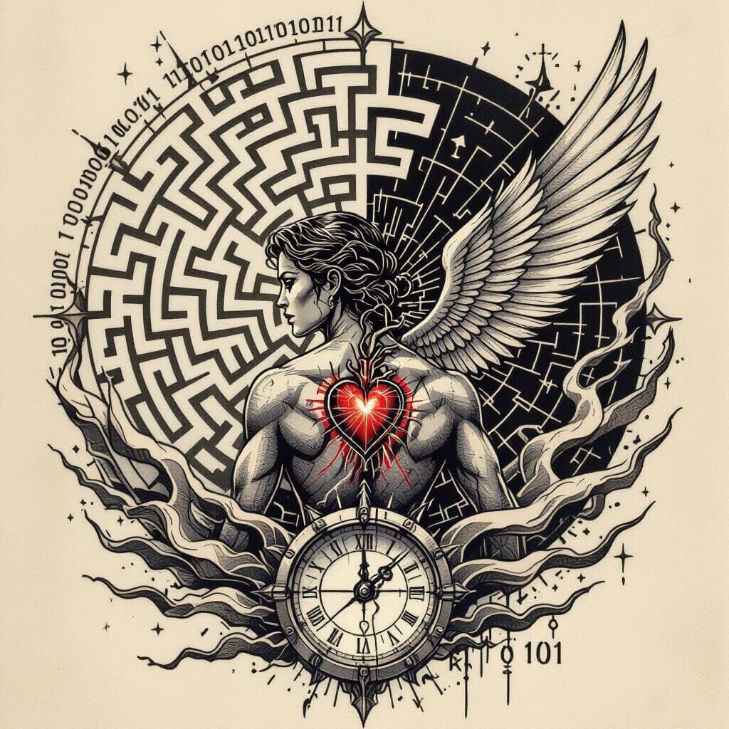 Labyrinth Map Tattoo with Winged Figure and Sundial