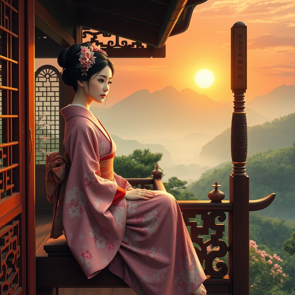 Whimsical Japanese Maiden in Dreamlike Landscape