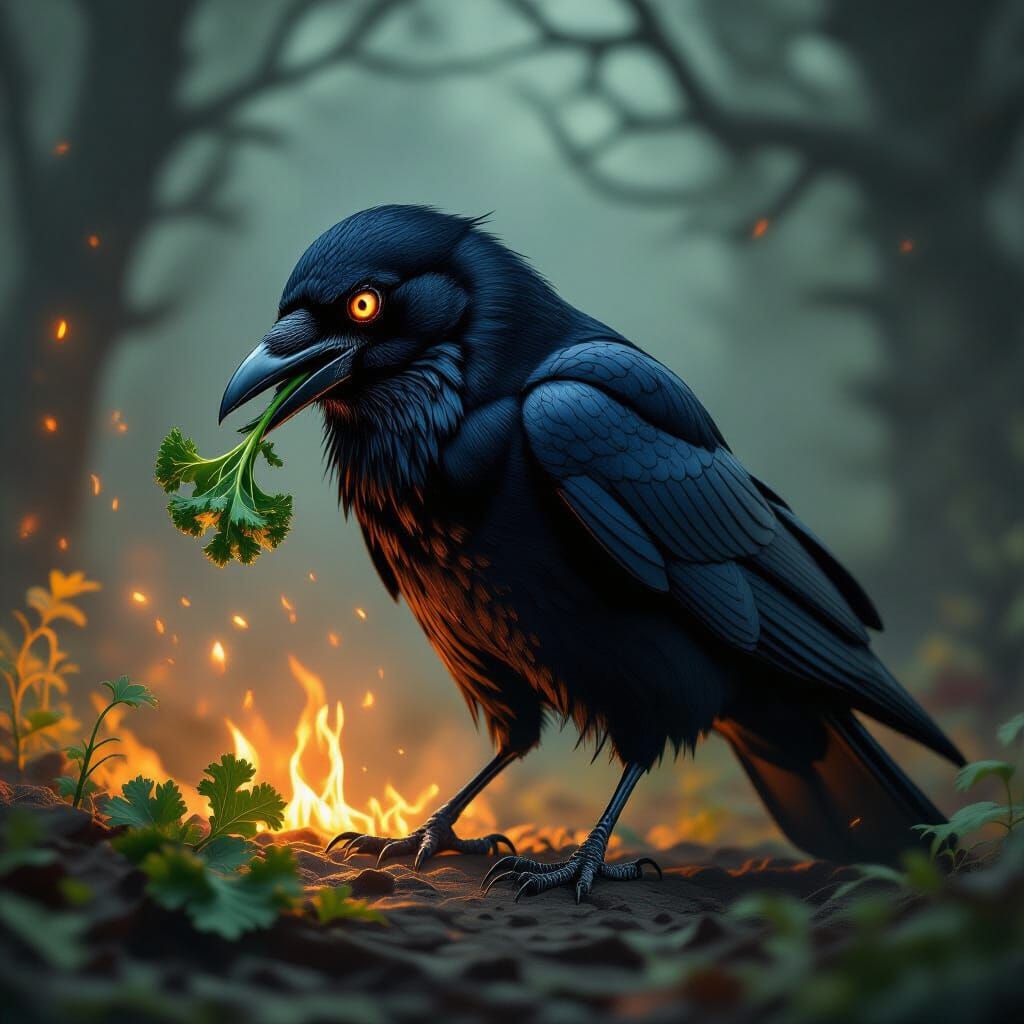 Sinister Crow Eating Kale in Dark Fantasy Art Style
