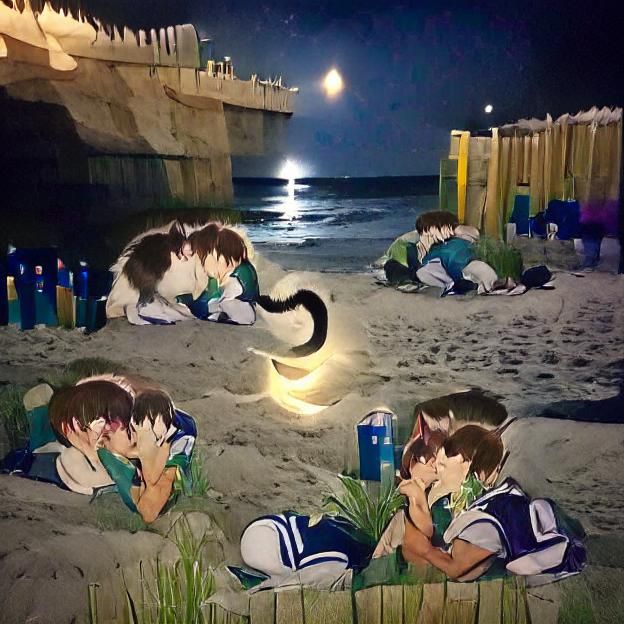 Romantic Anime Cat Boys Kissing by Moonlight