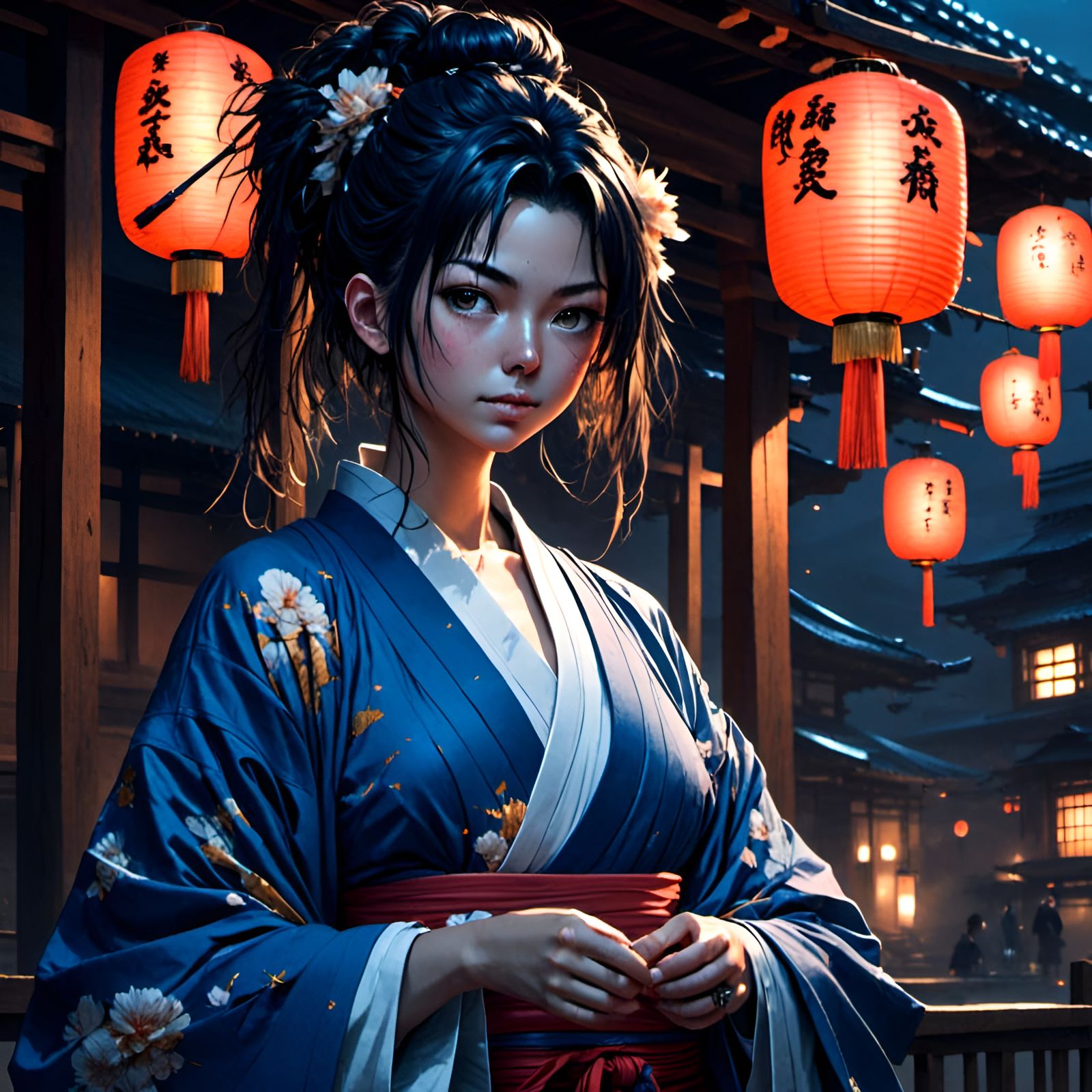 Photorealistic Ronin Girl in Blue Kimono at Night