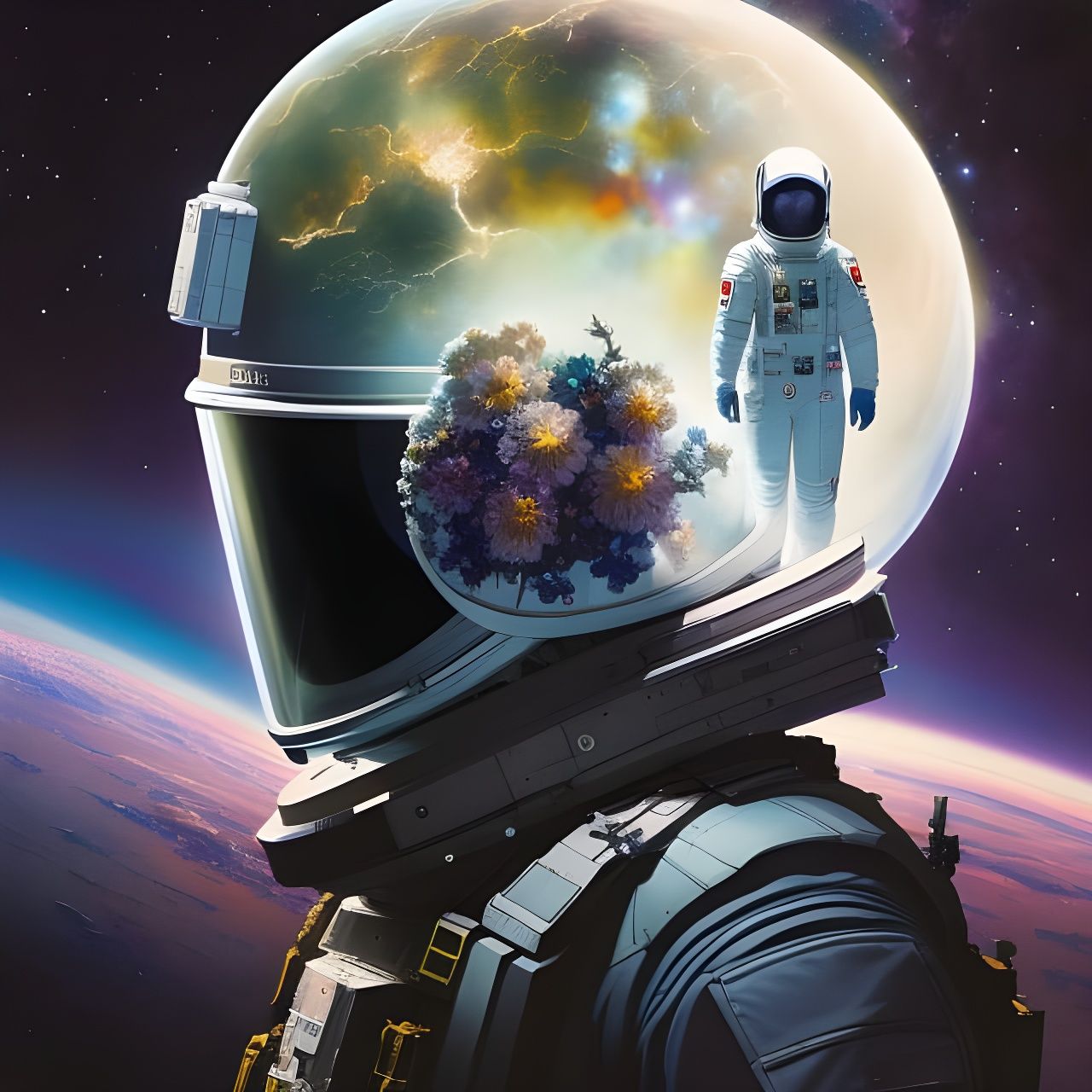 Flower Astronaut in Surreal Celestial Collage