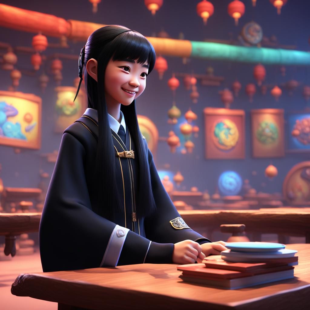 Smiling Chinese Girl in Black Outfit: 3D Digital Art