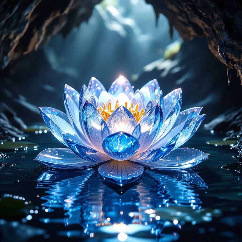 Crystal Lotus Flower Shimmers in Ancient Cave Pond