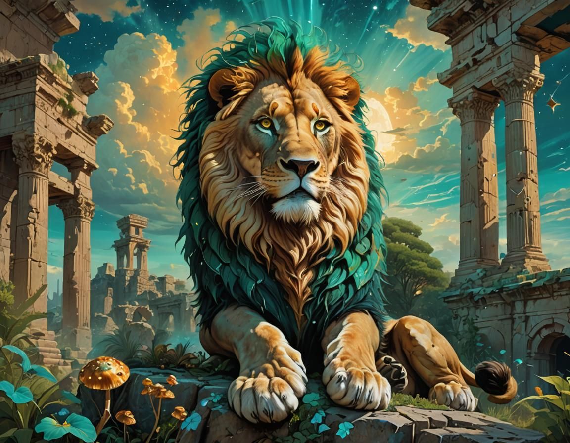 Leo Constellation Lion in Stylized Sci-Fi Landscape